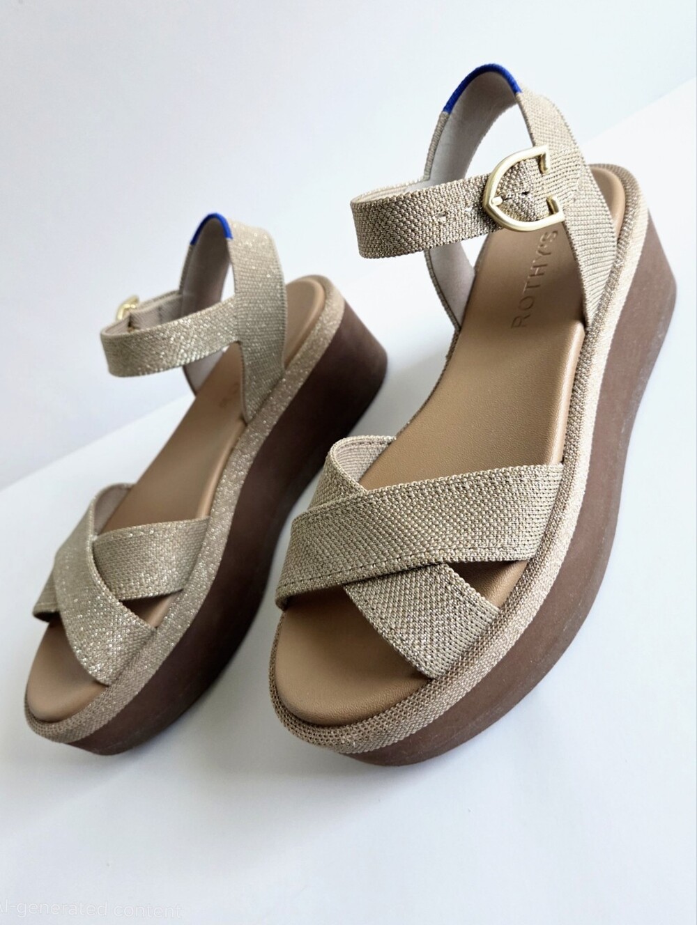 Rothy's Criss-Cross Metallic Gold/ Tan & Camel Platform Sandals, Size 6 - Picture 13 of 16